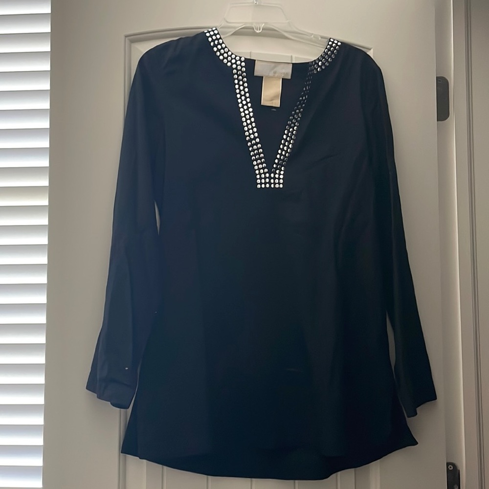 Michael Kors black V-neck tunic with silver circle embellishment size M.